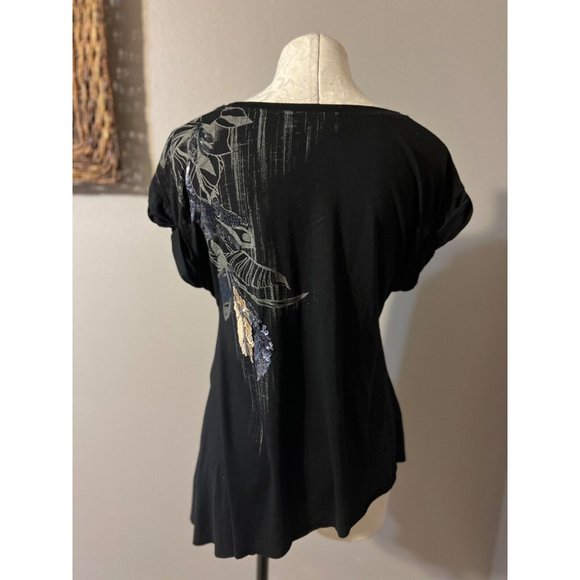 Miss Me TShirt Top M Medium Black Gold Gray Asymetrical Sequin Short Sleeve - Picture 5 of 6